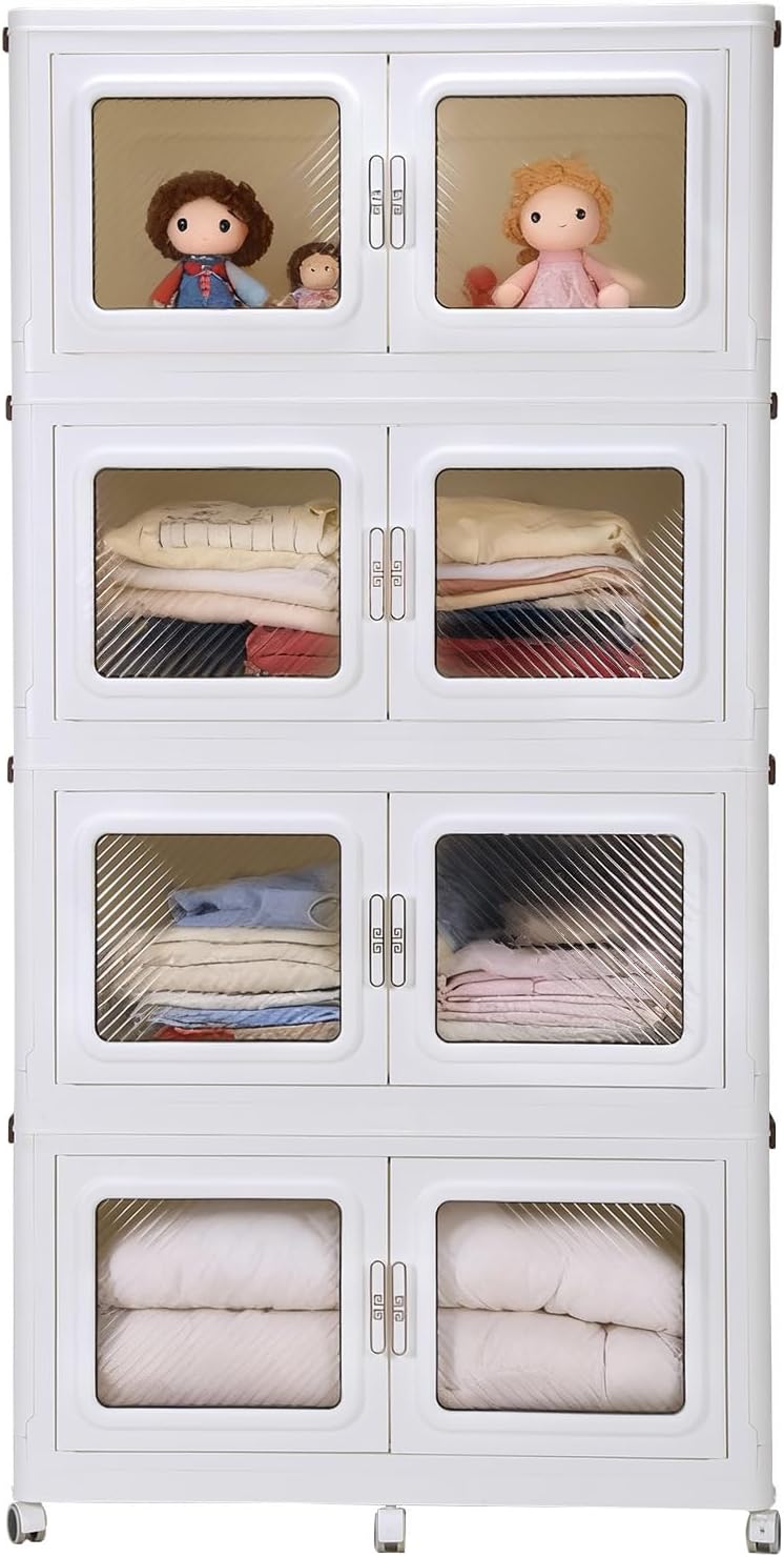 4-Tier Foldable Collapsible Organizer with Lid Space-Saving Storage Organiser with Doors and Wheels for Small Spaces Bathroom Kitchen Laundry