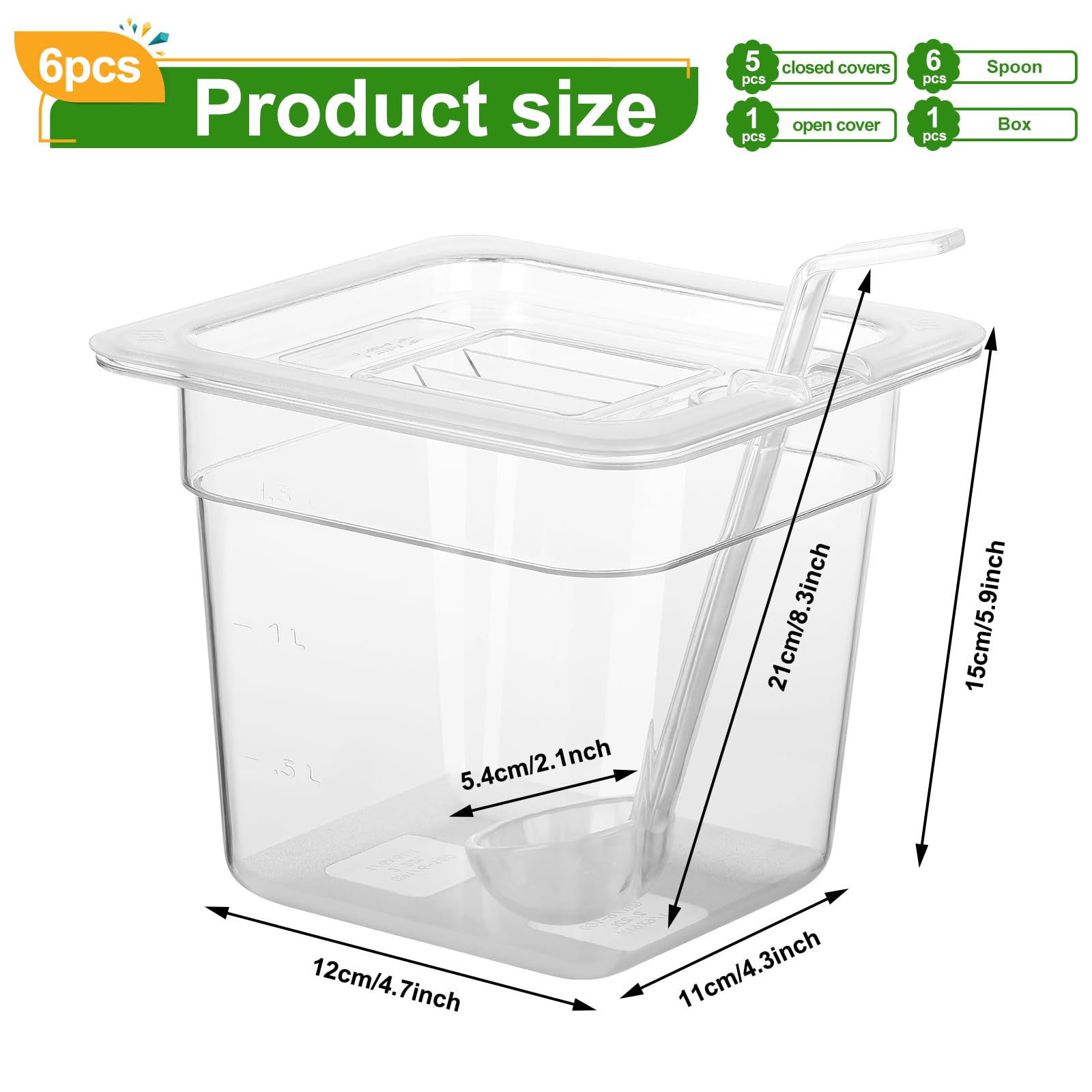 Confezione da 6 padelle per alimenti in plastica con coperchio, dimensioni 1/6, 15,2 cm, contenitori per alimenti da ristorante, impilabili, in policarbonato trasparente, per hotel, con 1 cucchiaio di