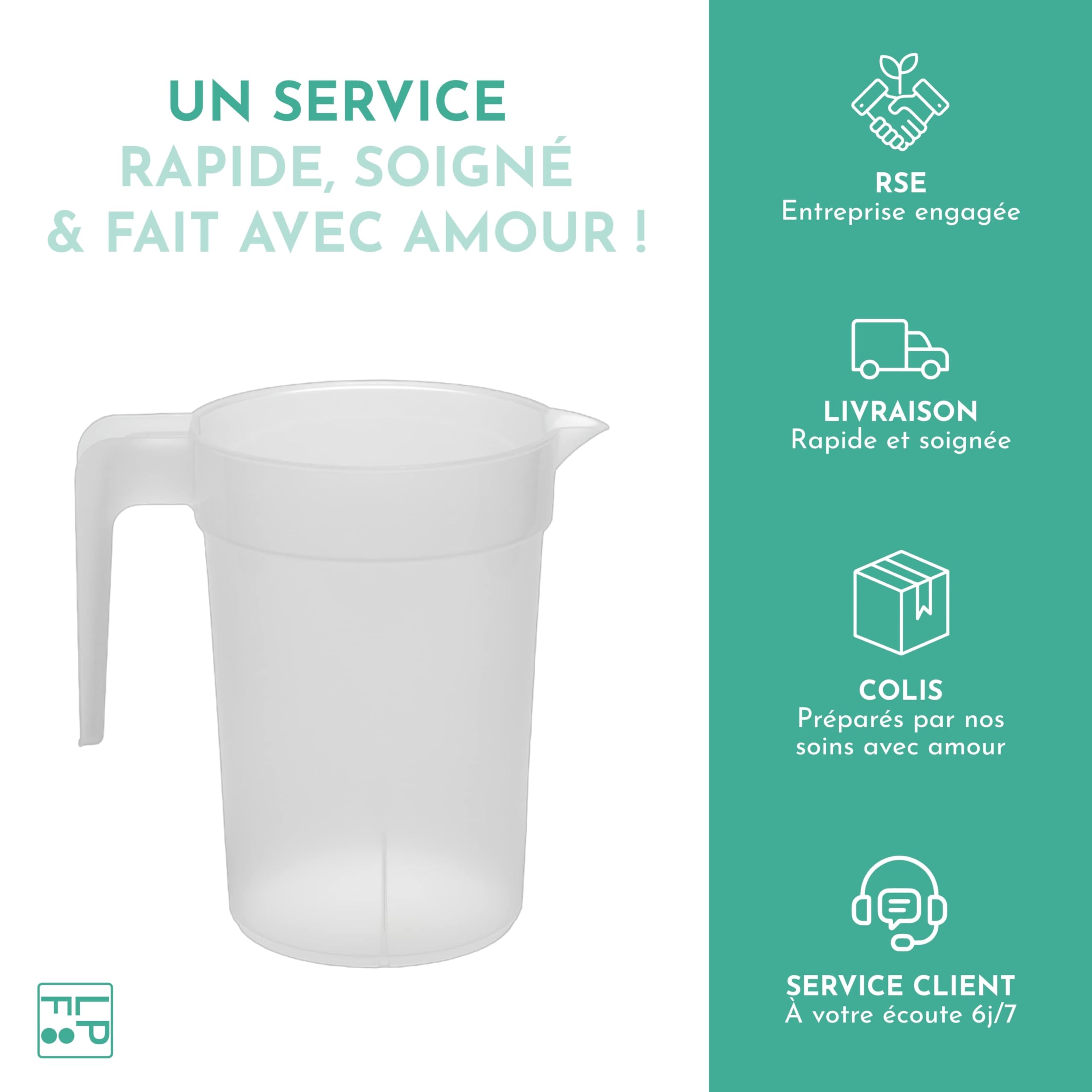 LPF LE PETIT FOURNISSEUR - Lot de 20 Pichets réutilisables 1 Litre - Polypropylène plastique alimentaire rigide (PP) - Carafe à eau, thé glacé, boissons - Compatible lave-vaisselle - Transparent Givré