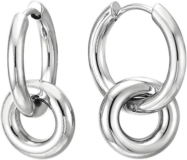 Mens Womens Stainless Steel Double Circles Link Huggie Hinged Hoop Earrings, 2pcs