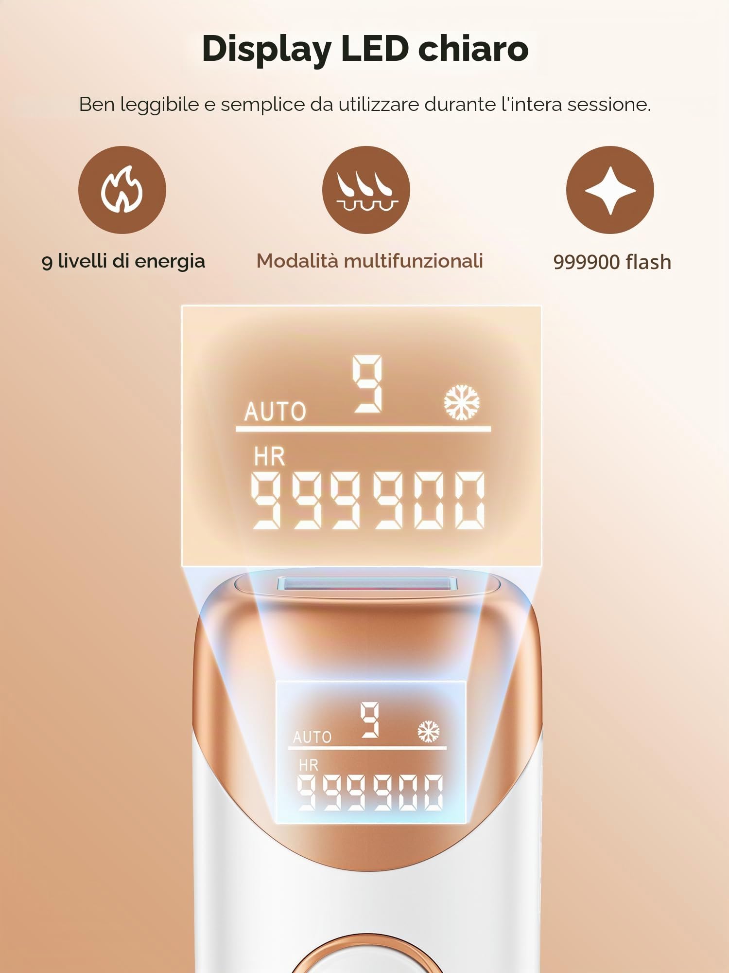 Epilatore Luce Pulsata IPL Indolore IP, Epilatore Laser con Raffreddamento,9 Livelli Regolabili Dispositivo Depilazione per Donna e Uomo, Viso Corpo Ascelle, Bianco Dorato