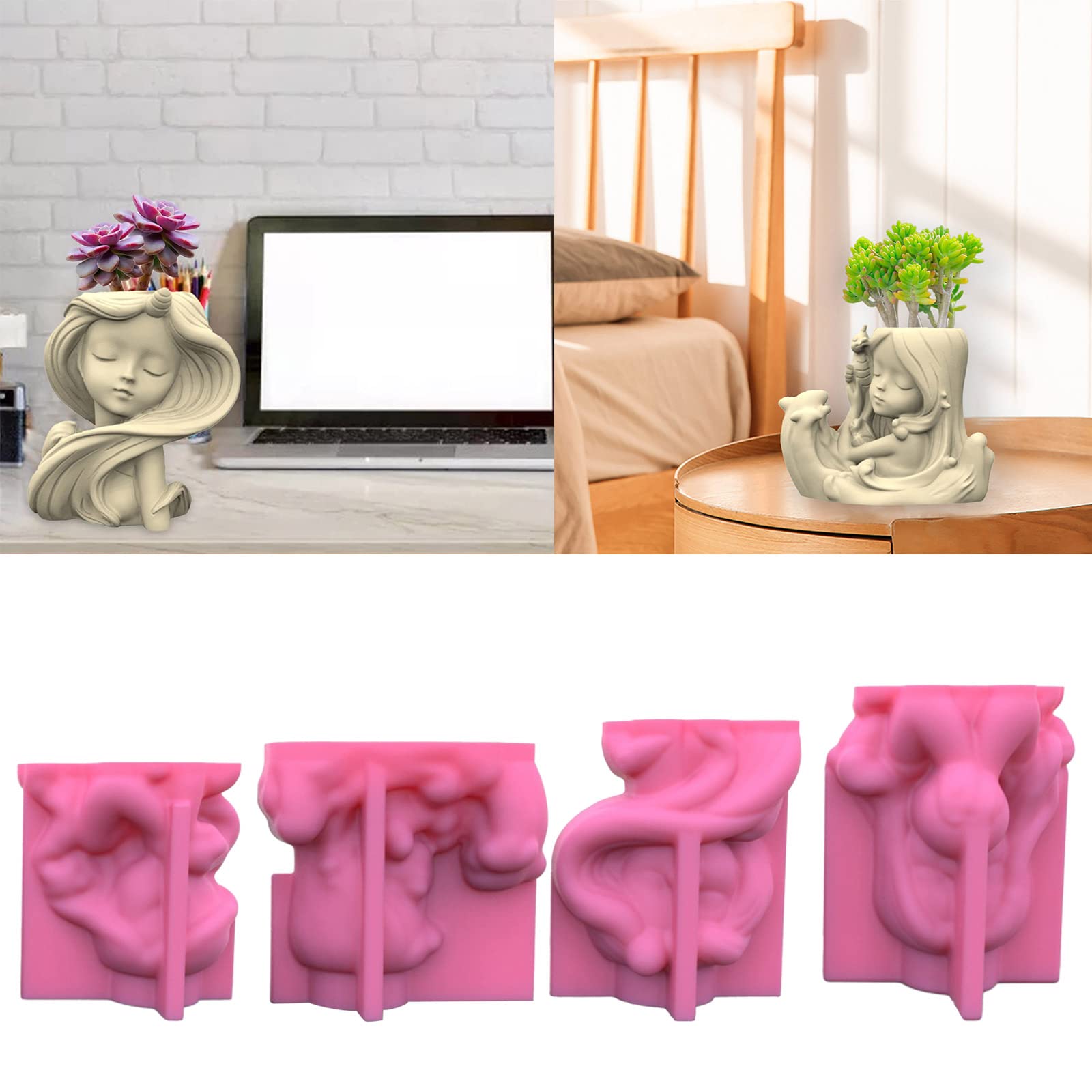 4 stampi geometrici in silicone per gesso a forma di ragazza dai capelli lunghi per realizzare vasi da fiori e portapenne per calcestruzzo cemento resina colata