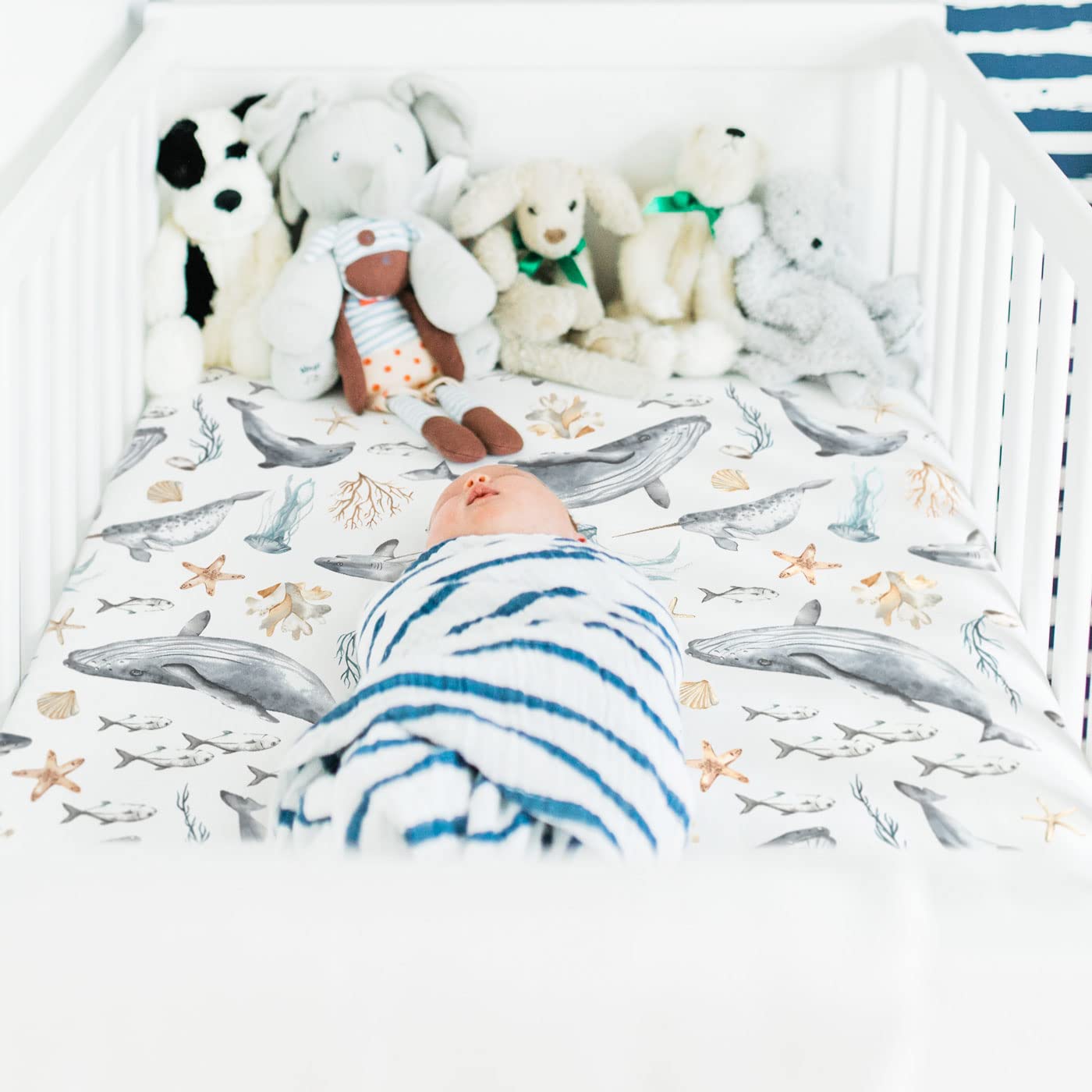 GRSSDER Juego de 2 sábanas bajeras elásticas de punto jersey ultra suaves para cuna, se adapta a todos los colchones estándar de cuna, seguro y cómodo, hermoso organismo marino para niños y niñas,