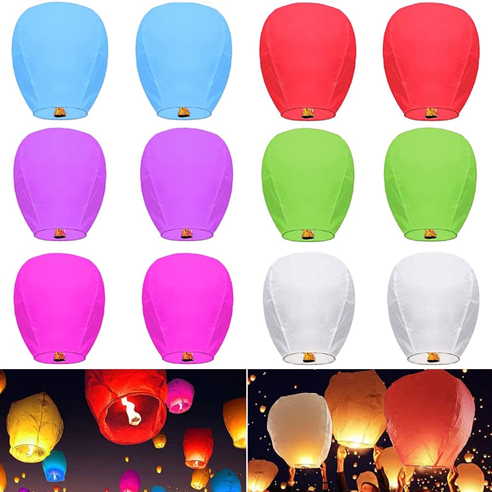 12 Pack Chinese Sky Lanterns Biodegradable No Assembly Required Fire Resistant Paper Lanterns for Weddings, Birthdays, Parties,Memorials