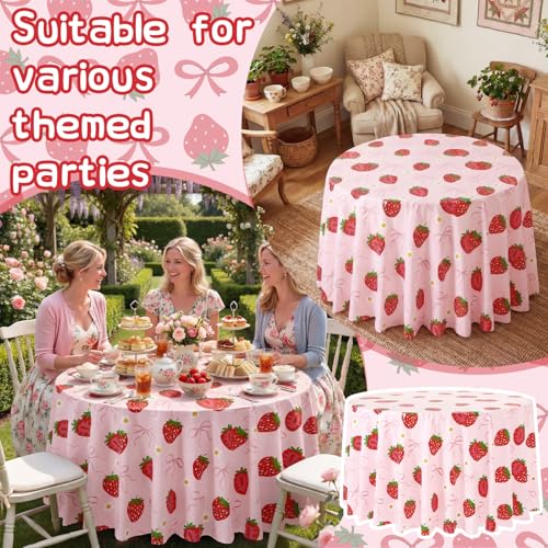 Image of Ganeen 6 Pcs Strawberry Bow Plastic Tablecloth 84 Inch Bow Berry Sweet Round Tablecloths Birthday Decor Disposable Plastic Round Waterproof Table Covers for Weeding Tea Decoration Party Favor