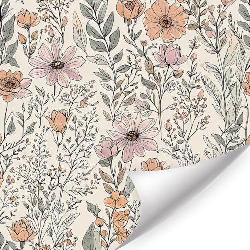 HPNIUB Selbstklebende Beige Tapete mit Rosa Blumen - Abziehbare Wasserdichte Boho Blatt Botanik Wandfolie für Badezimmer Schlafzimmer Wohnzimmer Kinderzimmer (44x300cm)