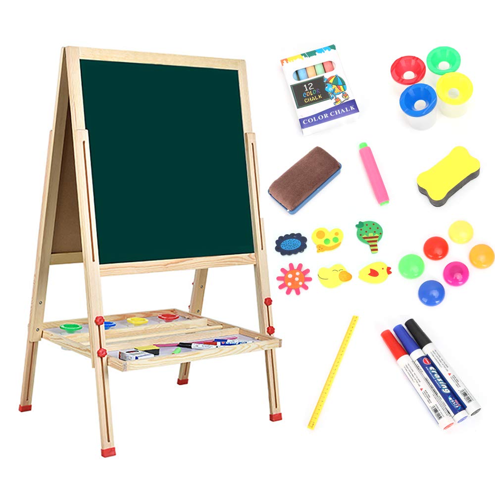 Dripex Kinder Tafel Holz Kindertafel Malerei Holztafel Doppelseitige Kreidetafel und Whiteboard Höhenverstellbar Standtafel mit 24Stk Zubehör (ab 3 Jahre)
