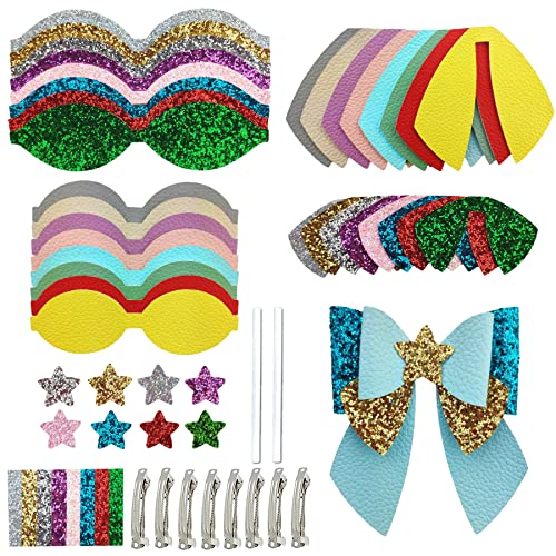 SHUANGART 8 Set Pre Cut Faux Leather Bow Making Kit for Women Girls, Colorful Glitter Large Bows Making Set with Faux Leather Pieces Hair Clips for DIY Cute Hair Bow Making