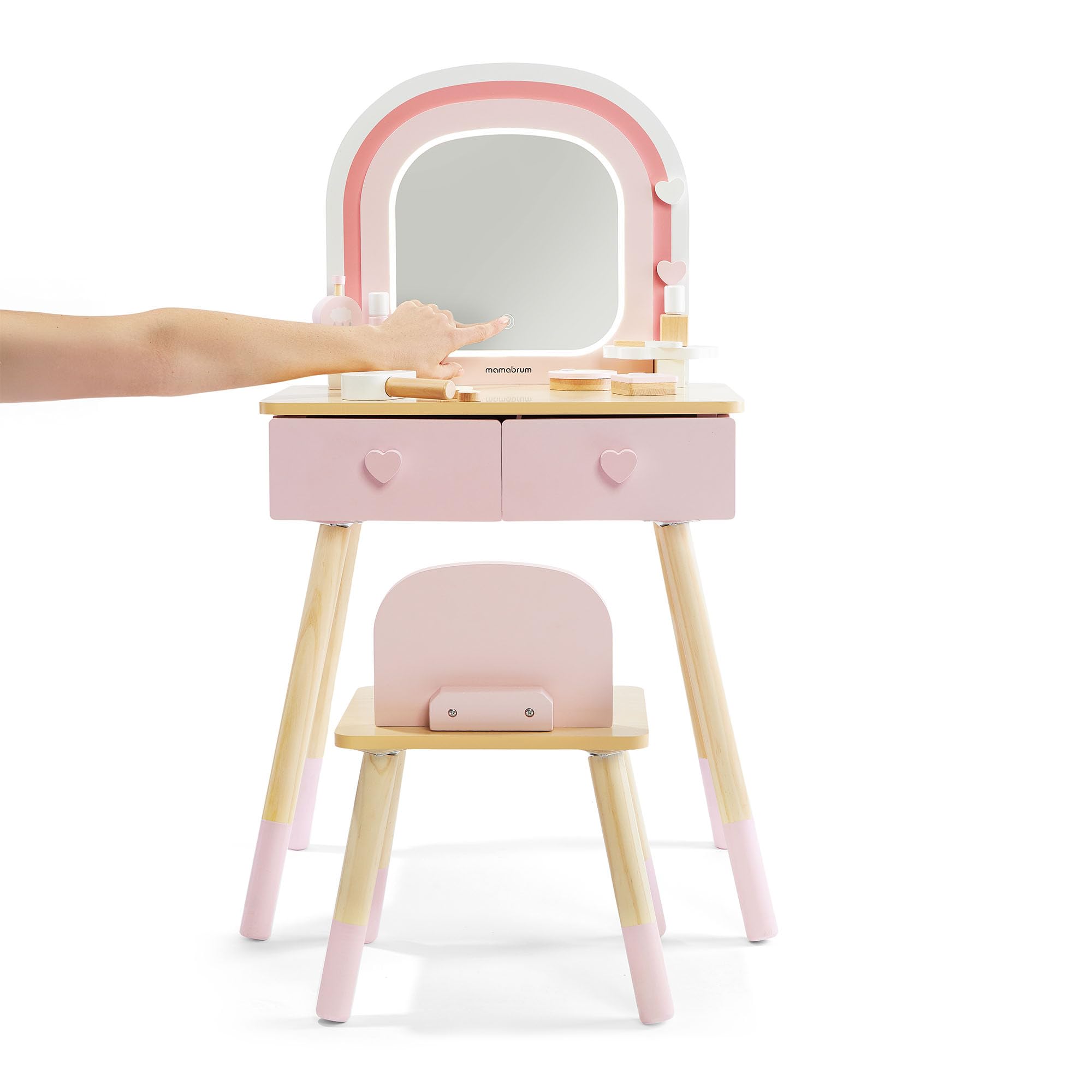 mamabrum Toeletta In Legno Per Bambini Con Specchio LED, Luce Regolabile, Sgabello E Accessori – Arredo Educativo E Creativo Ideale Per La Cameretta E Il Gioco Di Ruolo
