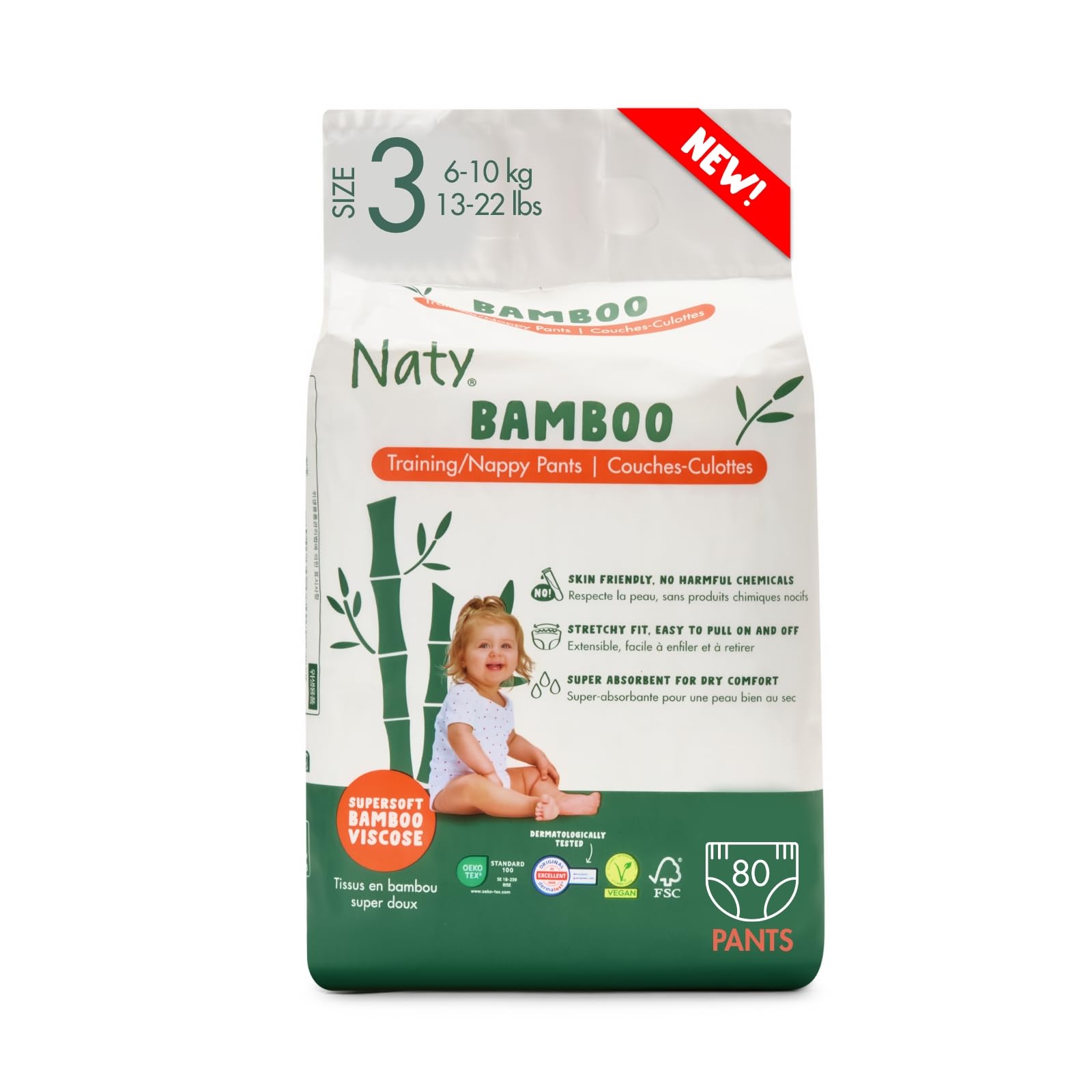 Naty Bamboo Windeln Pants aus Bambus-Viskose – Seidenweich, pflanzenbasierte Höschenwindeln, Dermatologisch getestet für empfindliche Haut & super saugstark (Größe 3, 80 Stück)
