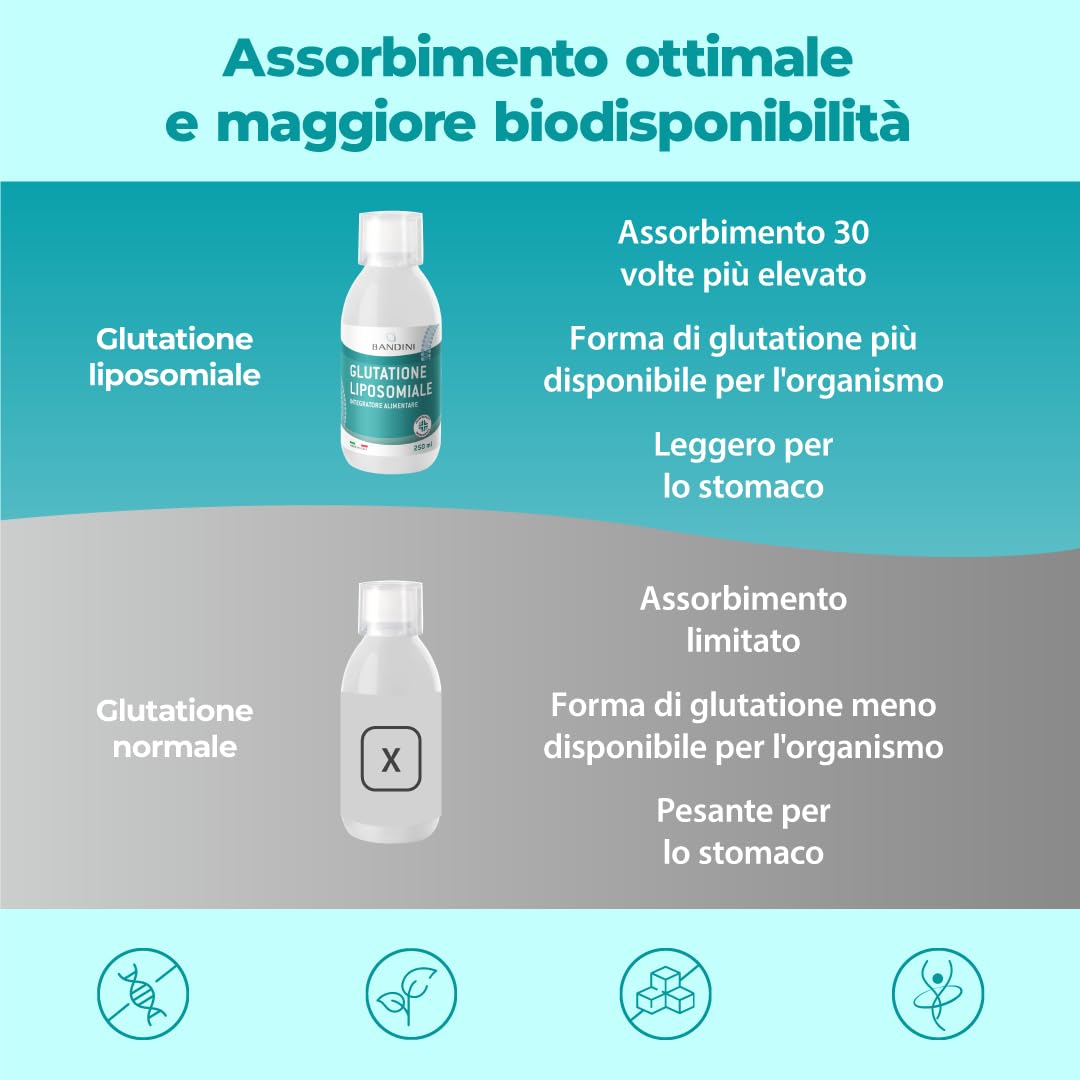 Bandini® Glutatione Liposomiale 250ml | 250mg di L-Glutatione Setria Ridotto e Bioattivo da Fermentazione per Dose | Antiossidante, Anti Invecchiamento, Contrasta i Radicali Liberi | Senza OGM, Vegan