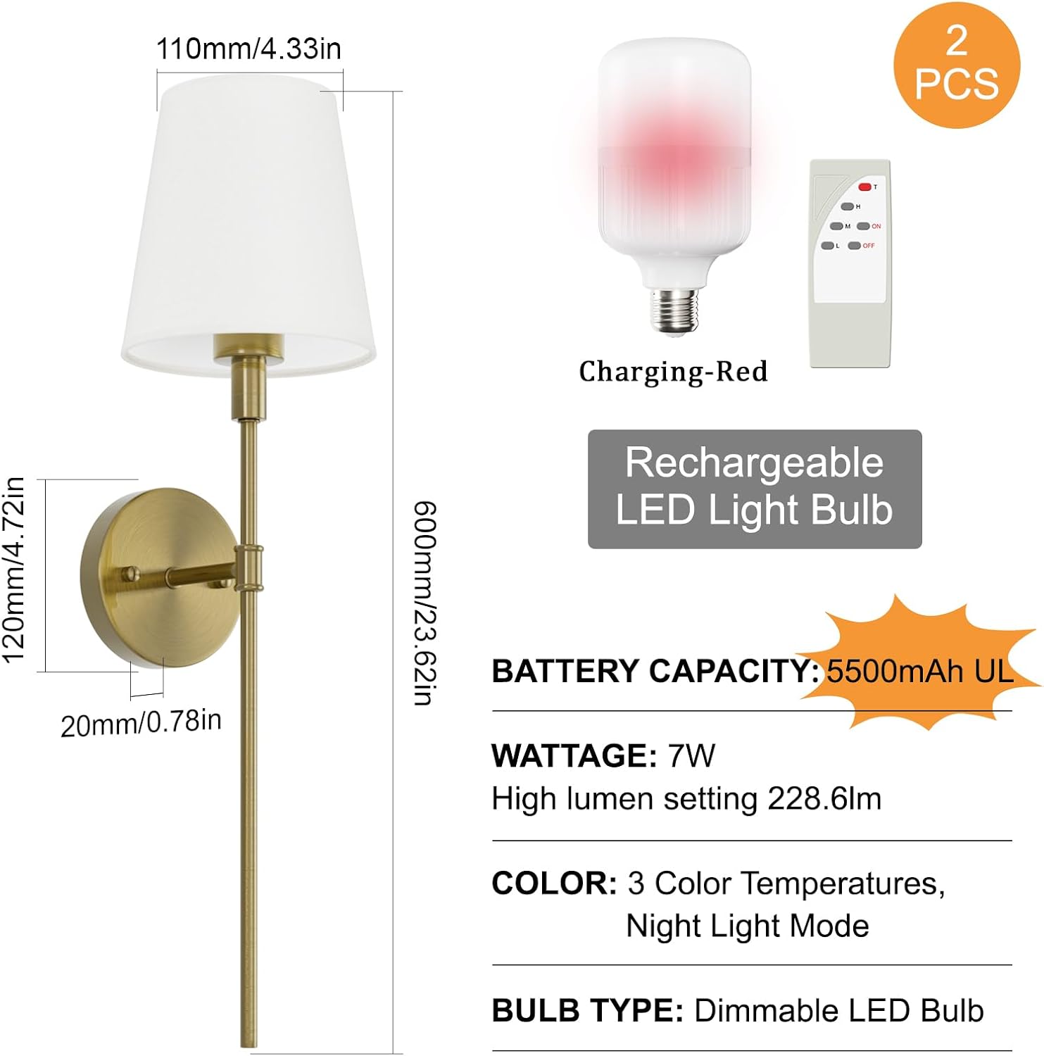 Aipsun 2 PCS Applique murale sans fil à piles 5500mAh, tissu blanc dimmable, télécommande incluse - Éclairage pratique et décoratif - Description
