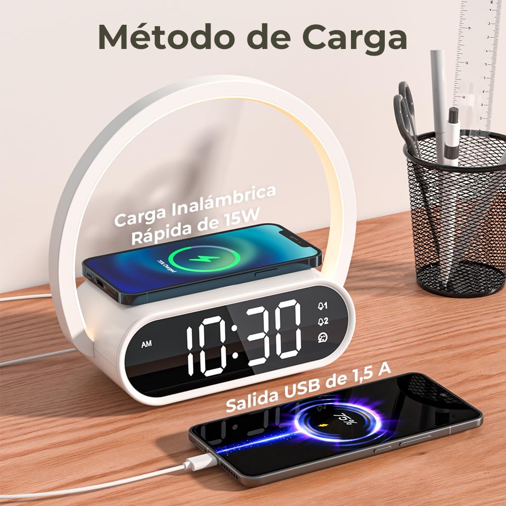 Despertador con Luz Nocturna Regulable 4 Niveles (Leer o Dormir) y 2 Alarmas, Carga Inalámbrica para iPhone/Samsung, Puerto USB, Reloj 3 en 1 para Adultos, Habitación, Oficina o Niños
