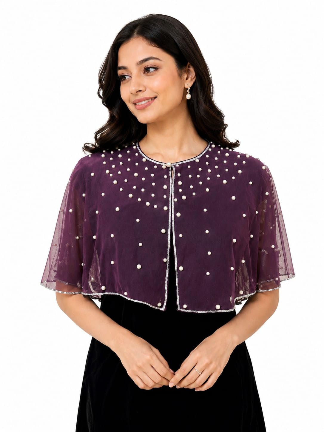 Women's Pearl Embellished Net Cape Shrug in Purple-image-20