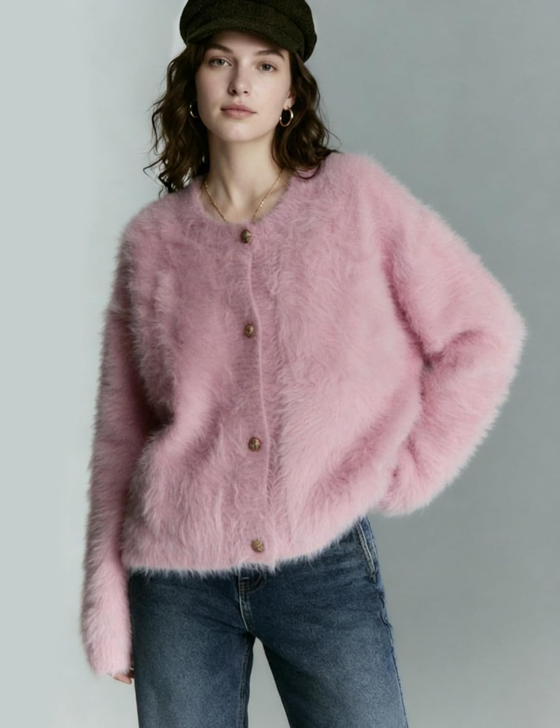 Yimoon Women's Fuzzy Cardigan Sweater Cropped Cardigans Soft Chunky Crewneck Knitwear - Image 2