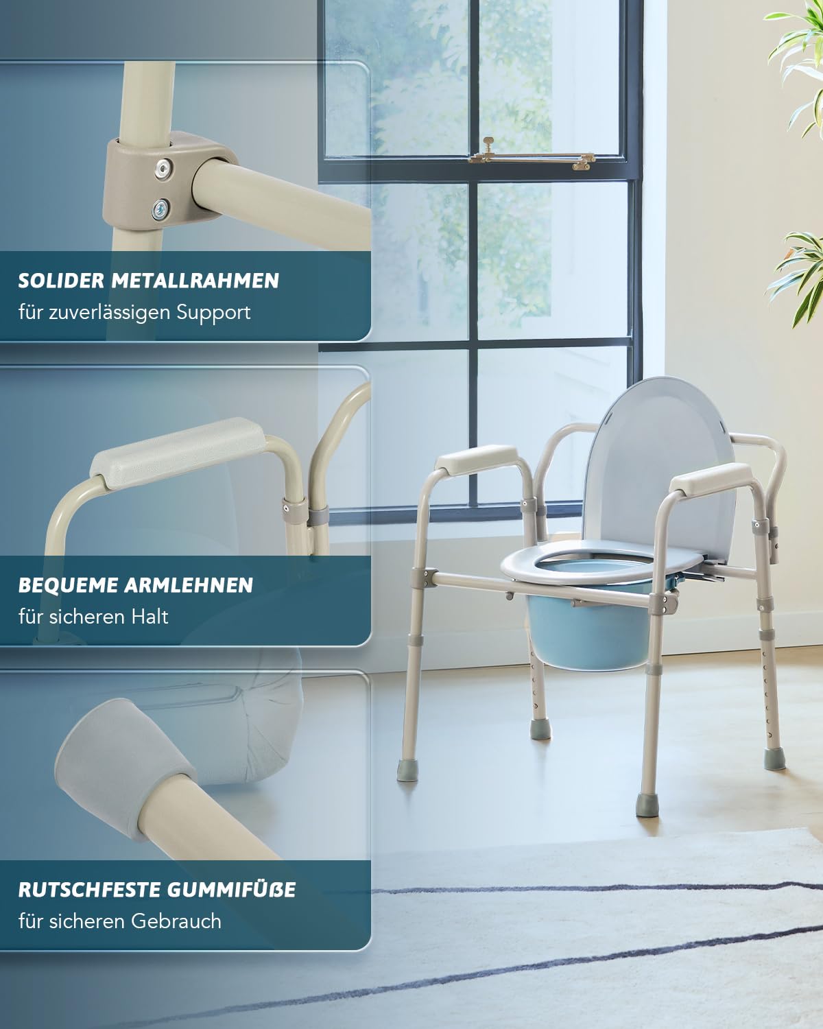 Toilettenstuhl für Senioren 135kg Faltbar Nachtstuhl mit Armlehne Hygienischer Toilettenstuhl Toilettenhilfe WC Stuhl Höhenverstellbar Stuhl für Toilette mit herausnehmbarer Eimer