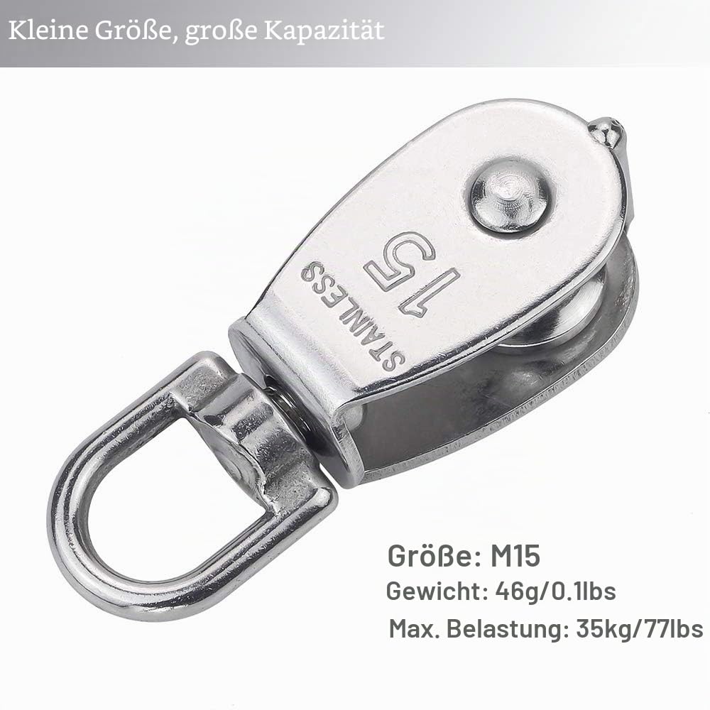 12 Stücke 15MM Umlenkrollen, M15 Riemenscheibe Einzelsatz in Edelstahl 304, Flaschenzug Einzelsatz Schalen Riemenscheibe Roller für Seile den Innen- und Außenbereich - Tragkraft 35kg