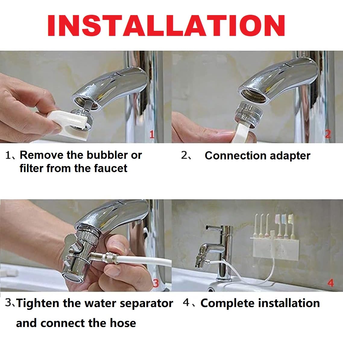Hydropulseurs Irrigateur Bucco Dentaire pour Hygiène Dentaire Fil Dentaire 3 Buses et 3 Robinets de Brosse à Dents Facile à Installer
