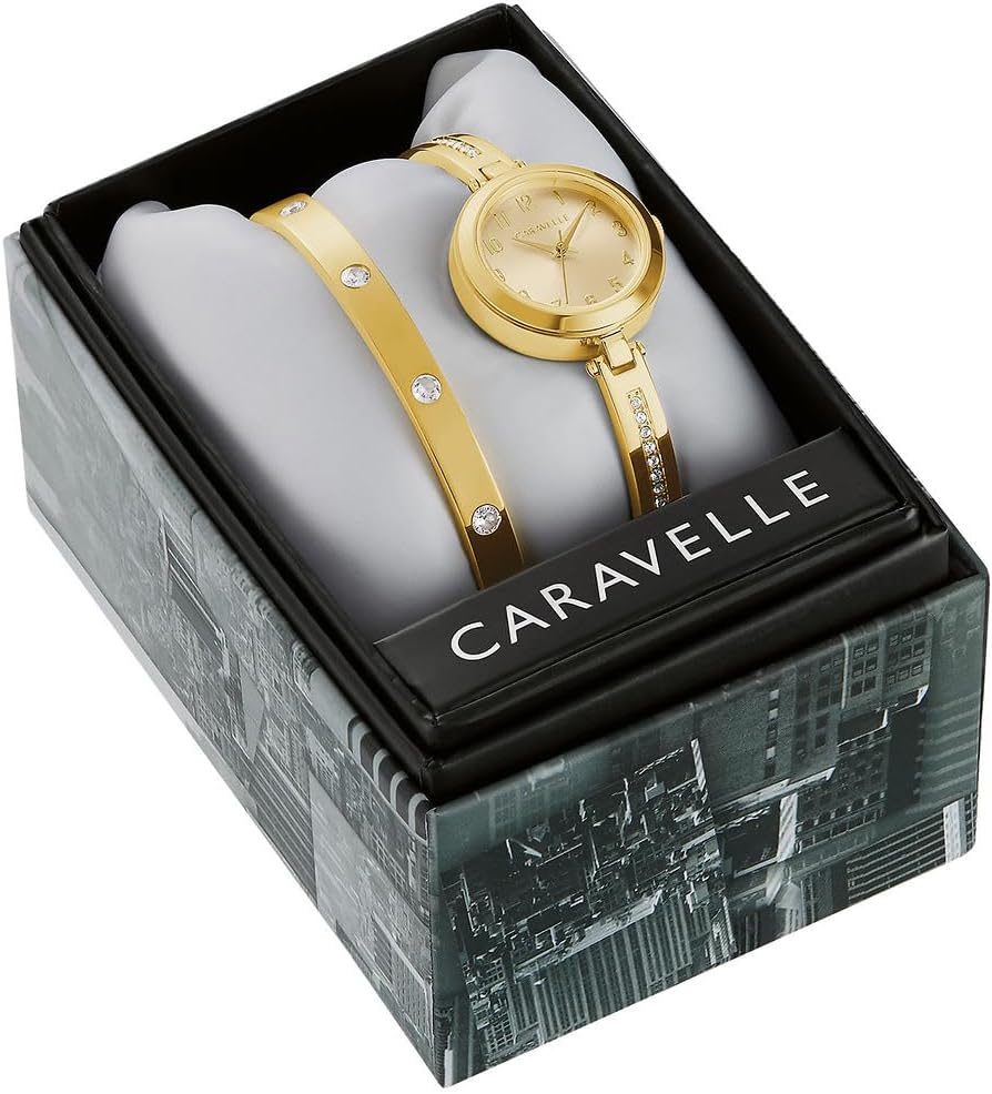 Caravelle Classic Quartz Ladies Dress Bangle Watch and Bangle Box Set