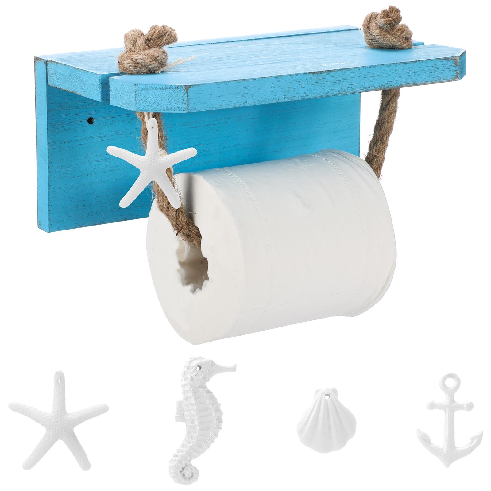 Nautical Rope Toilet Paper Holder with 4 Ocean Accessories, Classic, Blue