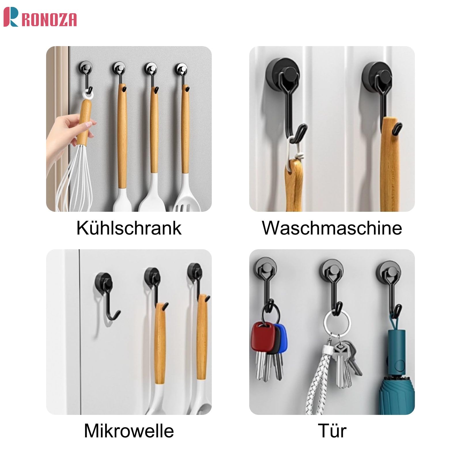 Ronoza 5 sztuk haczyków magnetycznych, bardzo mocne, magnesy neodymowe, 16 mm, magnetyczne haczyki, maks. nośność 15 kg, nadają się do grilla, kuchni, gadżetów, szafek, biura, lodówki (czarne)