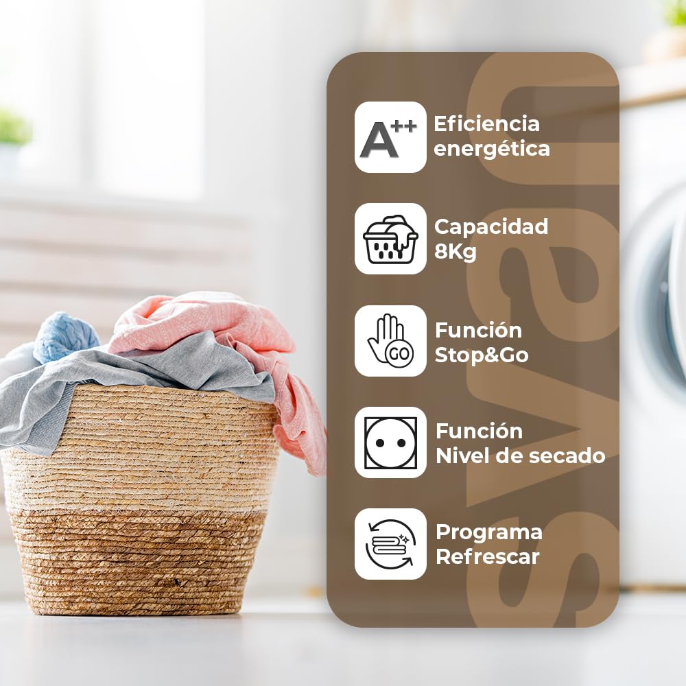 Svan Secadora de Bomba calor 8Kg Carga Frontal Blanco SSB800A2DB. 1000W, 15 Programas, Función Antiarrugas, Display LED manual, Eficiencia Energética Clase A++ [Clase de eficiencia energética A++]