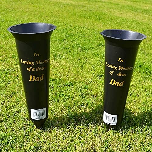 Set of 2 Black In Loving Memory DAD Spiked Memorial Grave Flower Vases