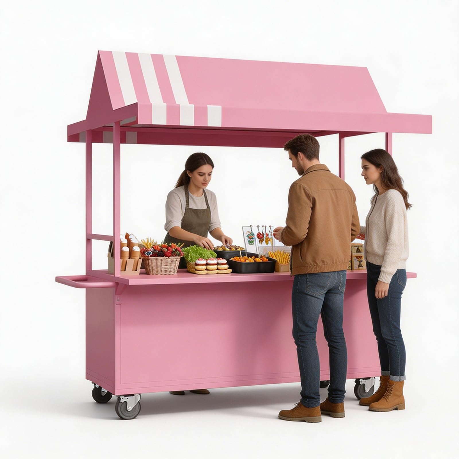 XRRJFYH Farmers Market Stand Outdoor Vendor Booth with Canopy, Portable Display Tables for Street Food Vendor, Market Stall with Wheels & Storage, 47x35.5x82.5 Inch(Pink)