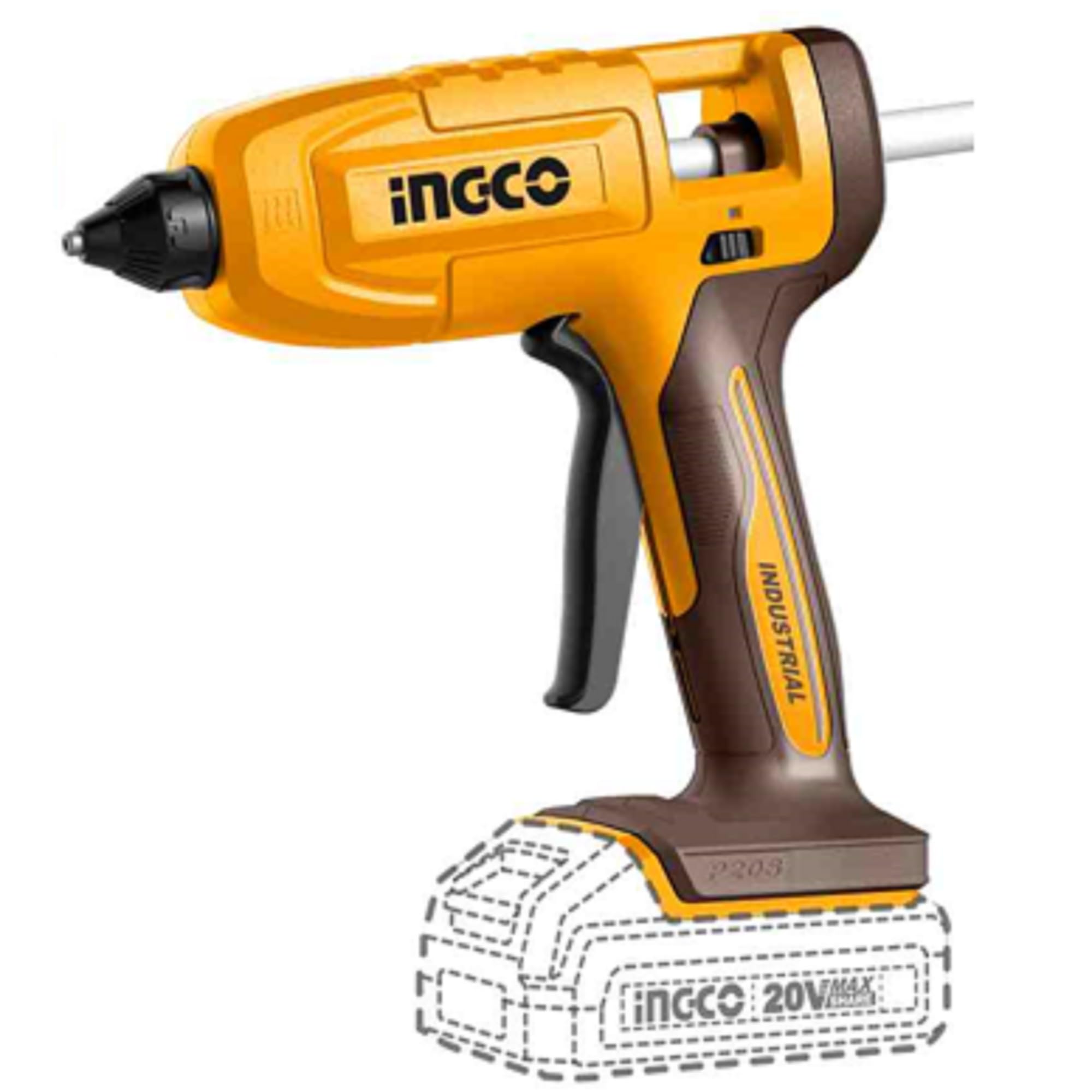 INGCO 20V Cordless Glue Gun (Body Only), with 3Pcs 150mm Glue Sticks CGGLI2003