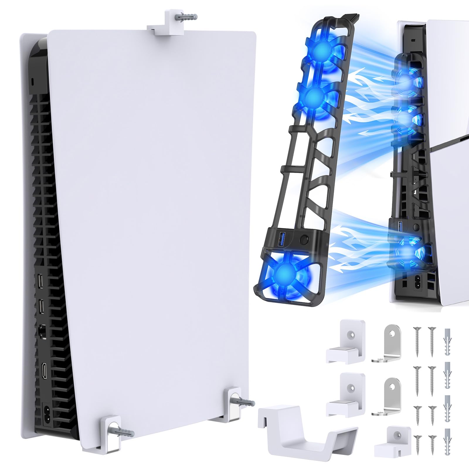 Klipdasse Cooling Fan for PS5 Slim Accessories with LED Light Wall Mount for PS5 Accessories, Mini Stand Compatible with Playstation 5 Disc & Digita