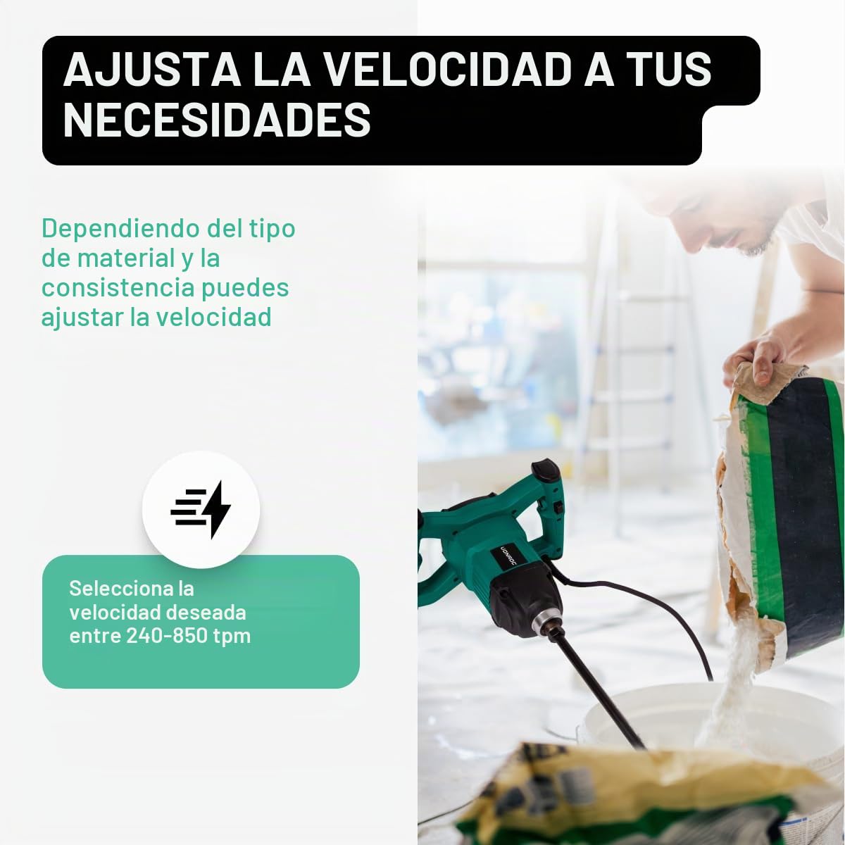 VONROC Taladro mezclador de pintura/ cemento de 1200W - Arranque suave - 3 metros de cable de goma, con una varilla mezcladora 140x600 mm