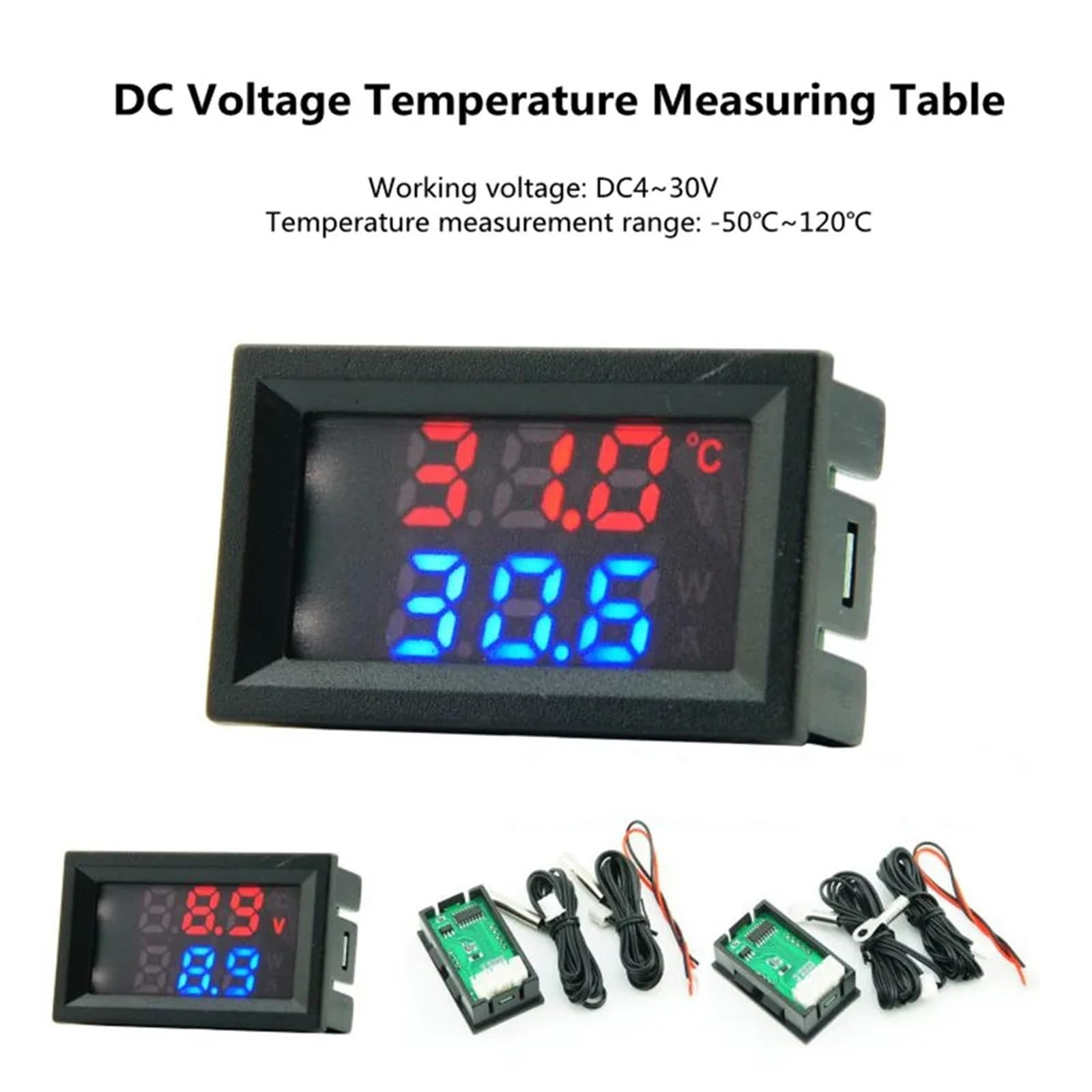 1 szt. 4 V-30 V Mini LED Dual Display Digital Czujnik temperatury W/NTC wodoszczelna metalowa sonda tester temperatury do wnętrz (niebiesko-zielony pierścień)