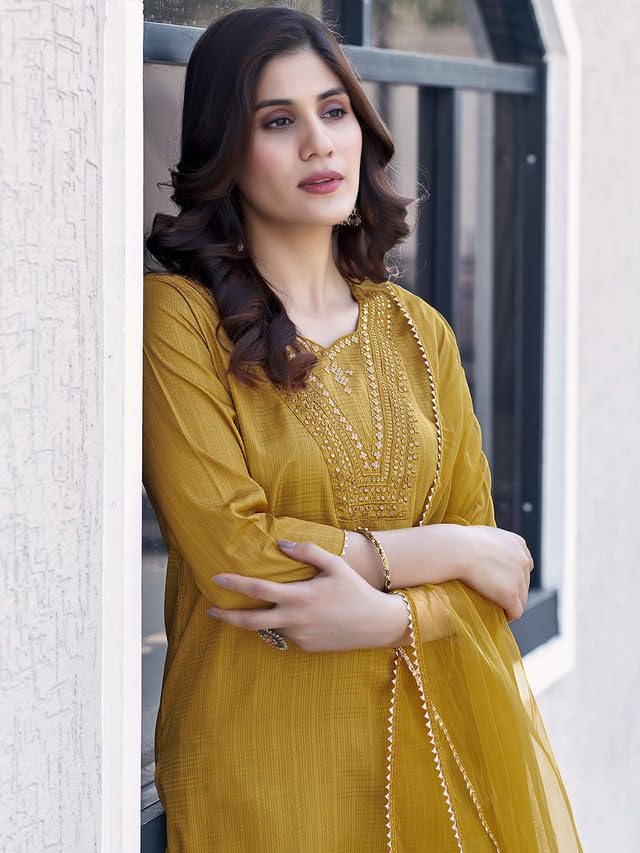 Sanisa Women's Art Silk Sequence Embroidery Straight Kurta Set With Dupatta (143Kbd1545N-M_Mustard Yellow1)