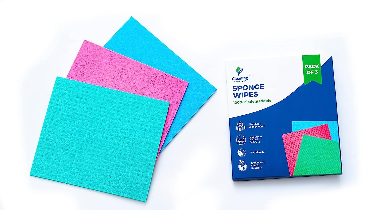 Cleaning Concepts Sponge Wipes | Reusable Kitchen Cleaning Sponge | Trusted Performance, Easy to use, Multi-Surface Safe & 100% Biodegradable | 9 Pieces Total | Pack of 3 in Each Box (B0BG51CG4N) Amazon Price History, Amazon Price Tracker