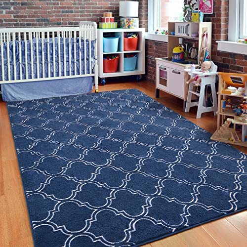 Homore Shag Area Rug For Living Room, 4X6 Memory Foam Rugs For Boys Bedroom, Fluffy Modern Indoor Moroccan Rug And Carpets For Children Kids Nursery Bedside Play Room Decor, Navy/White #TOP5