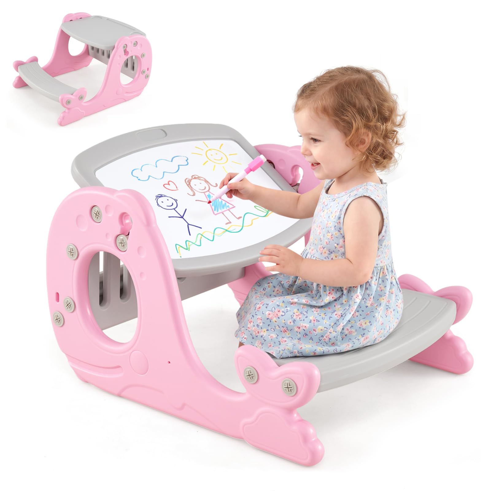 Maxmass Toddler Table and Chair, Kids Art Table with Angle-Adjustable Whiteboard, Bookshelf, Cup Holder and Pen Slot, Children Art Easel Activity Table Set for 1+ Years old Boys Girls (Pink)