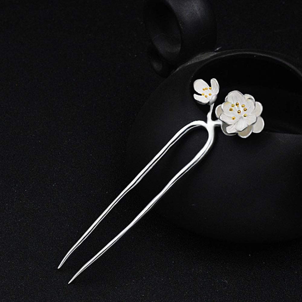 Gioielli per Capelli Cinesi, Bacchette for Capelli retrò a Forma di U in Argento 925 for Donna, 2 forcine for Capelli con Fiori di pesco, Perle Etniche, 2 Punte for Chignon.