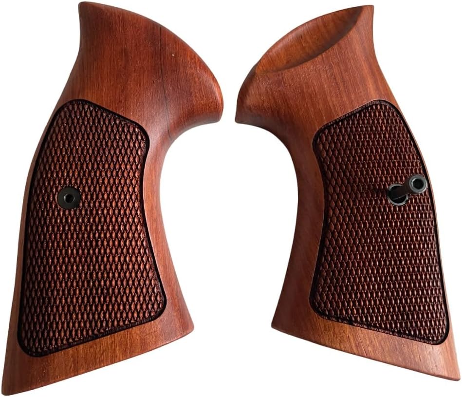 New Handmade reproductive Padauk Wood Grips Compatible with 5&W K/L Frame Round Butt, Checker Engraved, Opened Back, Thai Handmade #KR6