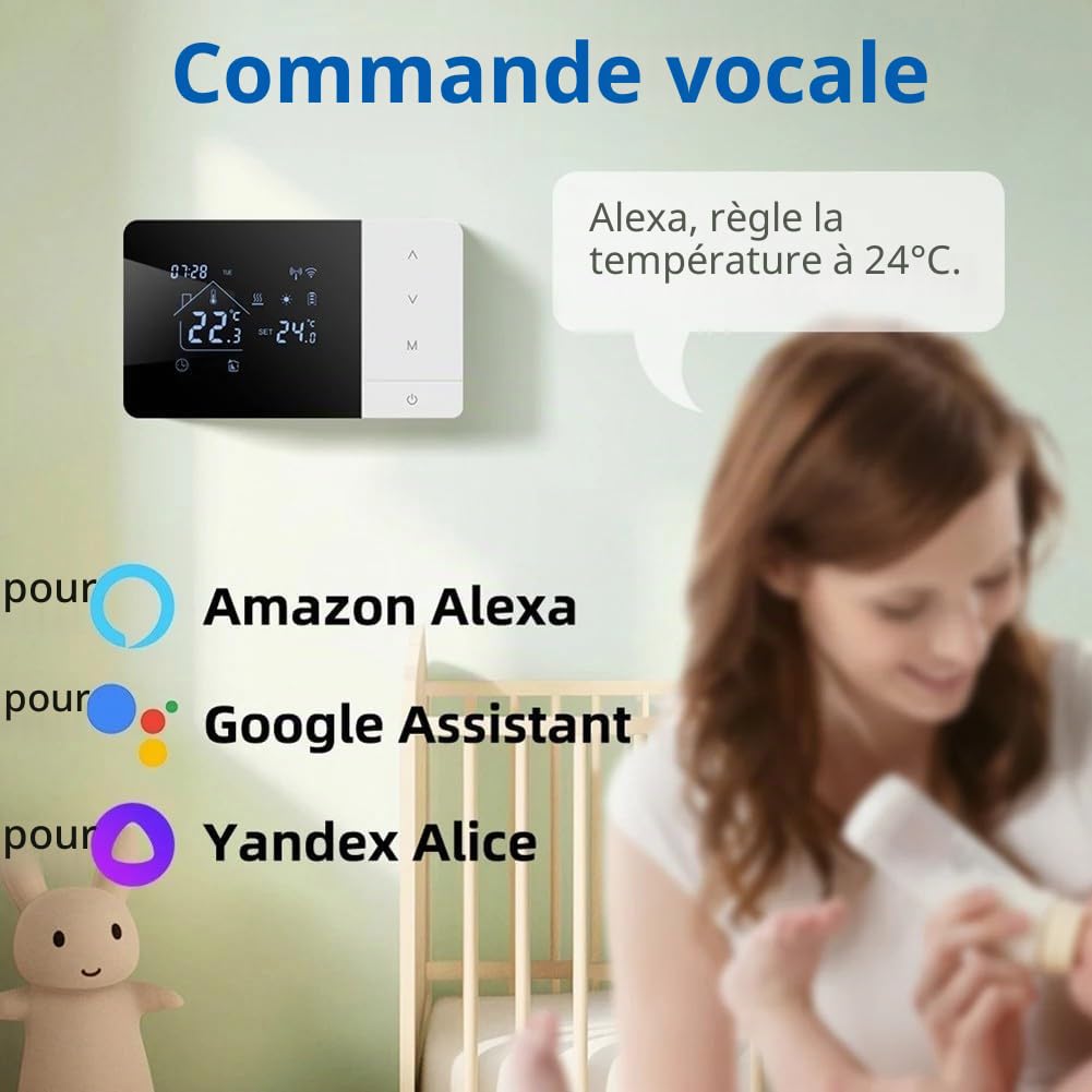 Thermostat Intelligent WiFi,pour Tuya Contrôleur de température programmable pour chaudières gaz,Compatible avec Commande vocale Alexa,pour Google Assistant,avec sécurité Enfant,Alimenté USB/Batterie