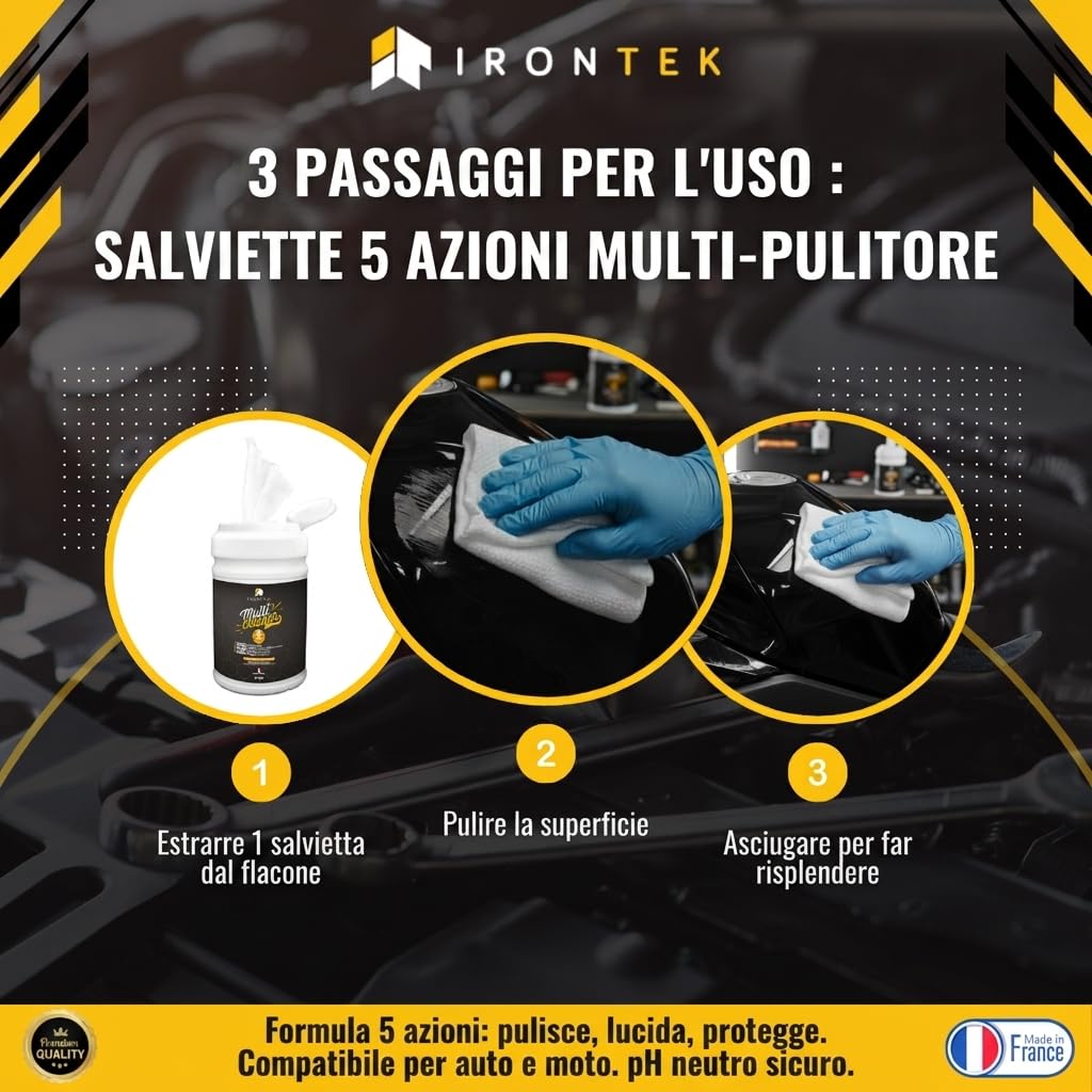 Salviette Detergenti Auto Moto Senza Acqua 80 pz - IRONTEK - IT146 | Formula 5 Azioni | Carrozzeria Cerchi Vetri Plastica Pelle | Interno ed Esterno