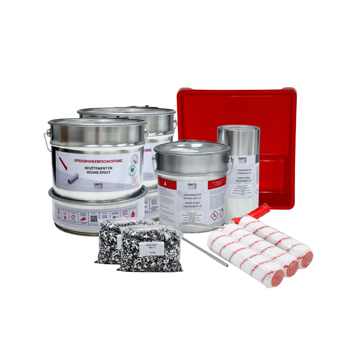 2K Epoxidharz Set für 25 m² mit Top Coat Versiegelung | RAL 7001 – Silbergrau, 12,7 KG | Epoxidharzboden für Garage, Keller | Rutschfest, Chemikalienbeständig | SwissTech