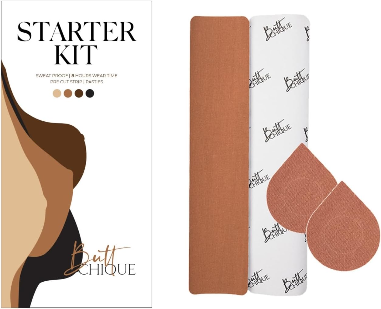 Starter Kit Pack of Breast Lift Pre-Cut Body Tape Strip (6 x 28 CM) & Stick-On Cotton Nipple Pasties Pair (Cinnamon)