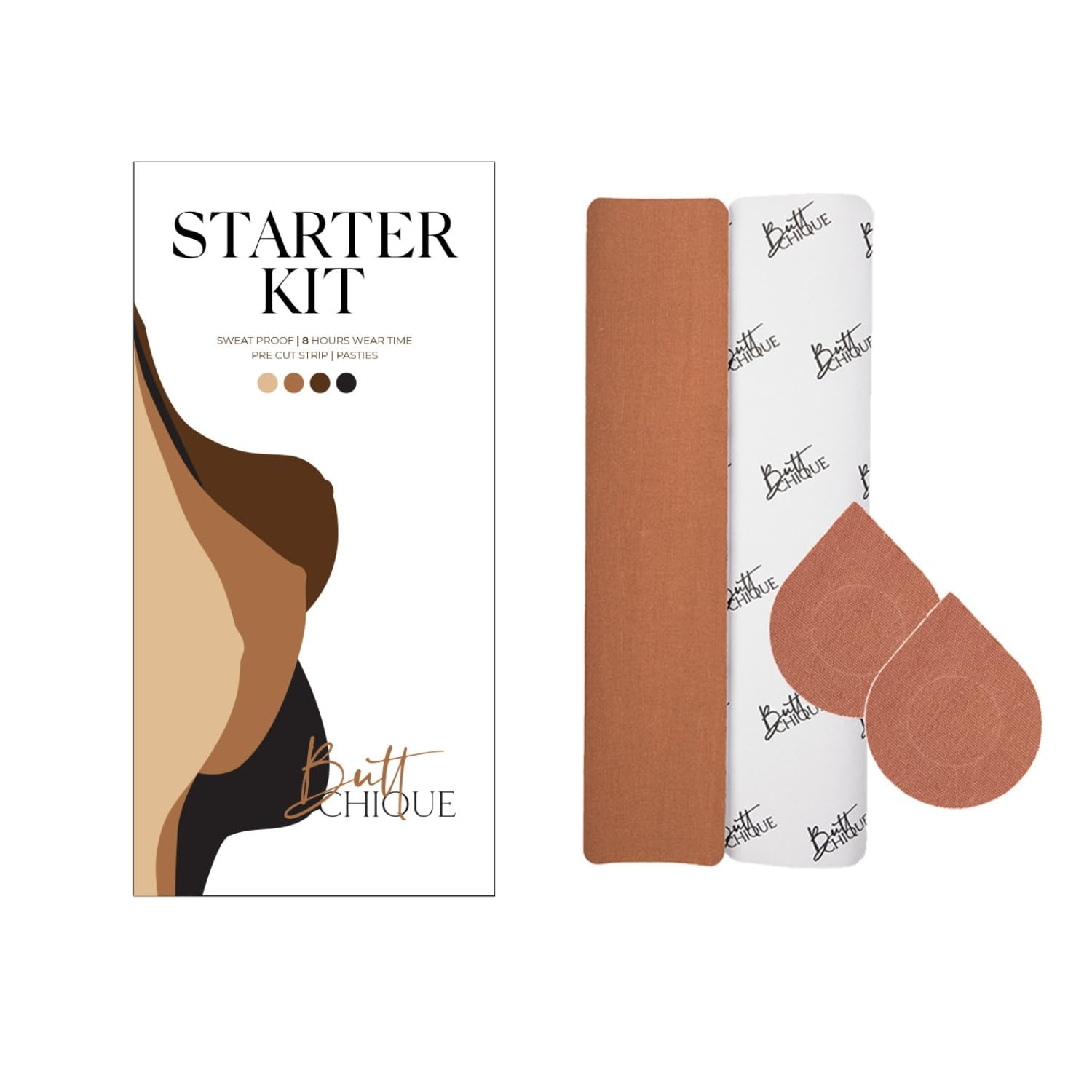 BUTTCHIQUEStarter Kit Pack of Breast Lift Pre-Cut Body Tape Strip (6 x 28 CM) & Stick-On Cotton Nipple Pasties Pair (Cinnamon)