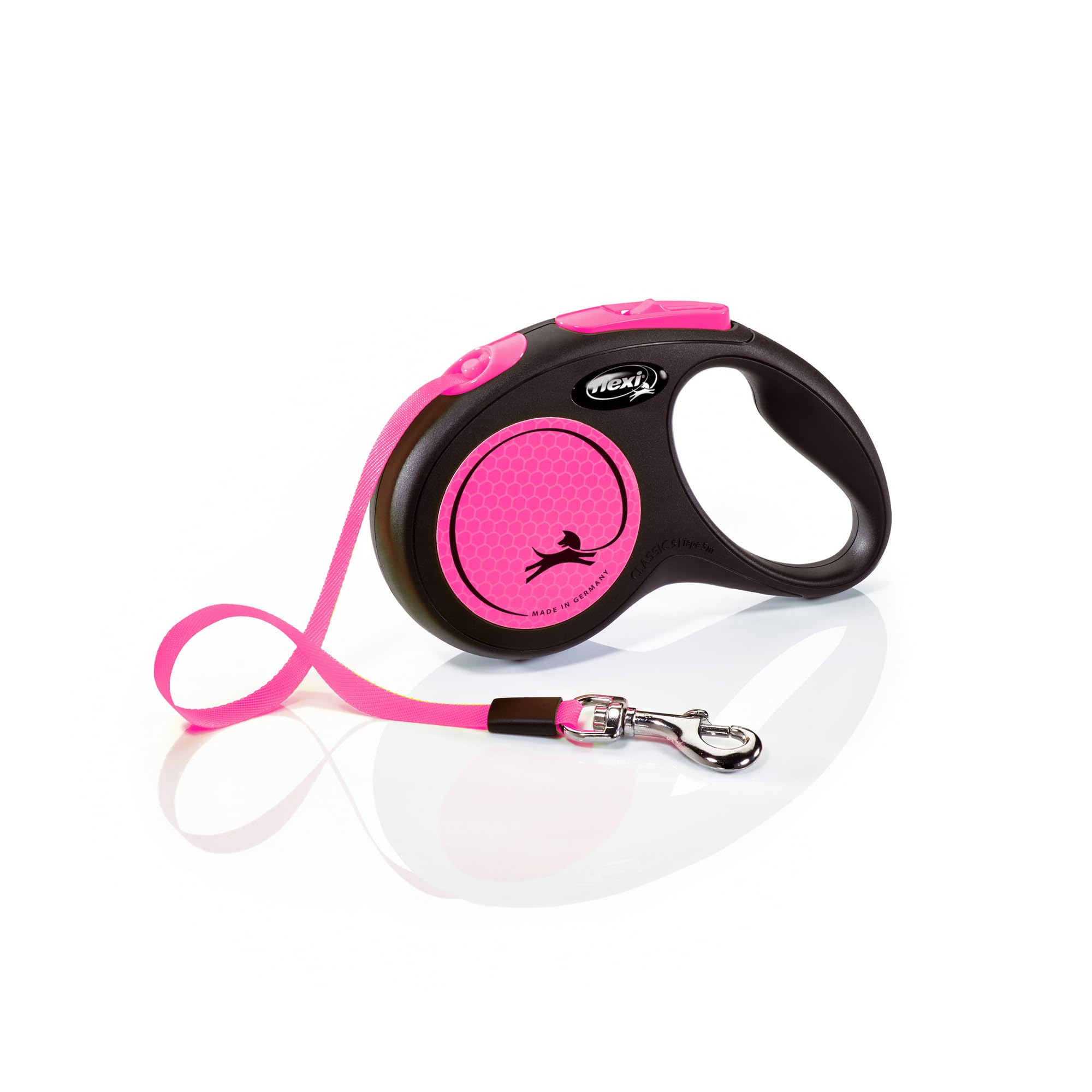 flexi® Neon S | 5 m retractable tape leash for dogs up to 15 kg | Black / neon pink | retractable dog lead | Weight: 210 g | Dimensions: 10 x 16.5 cm