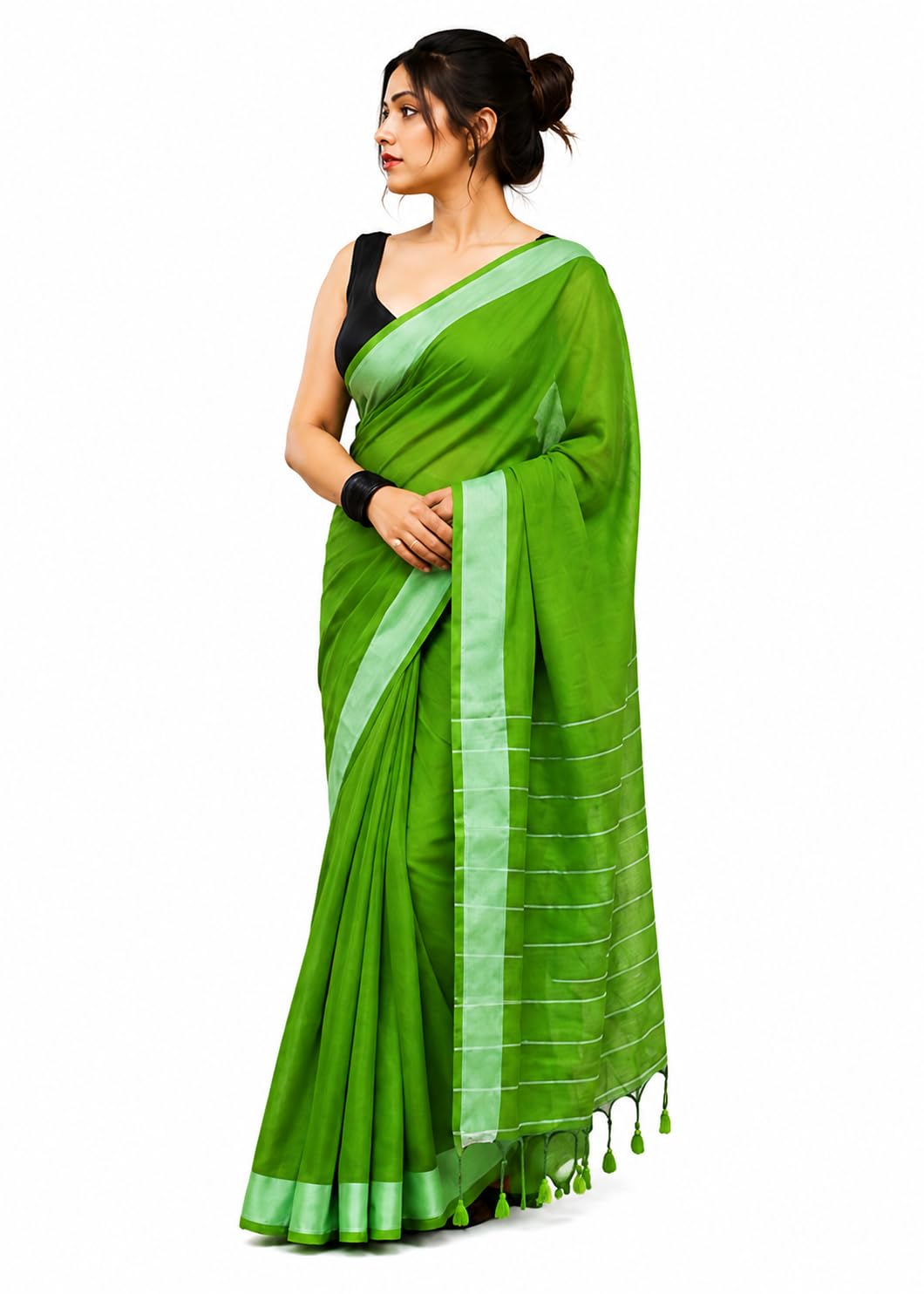 Saree for Women Cotton Blend Saree with Silver Zari Border and Striped Pallu-picture-55