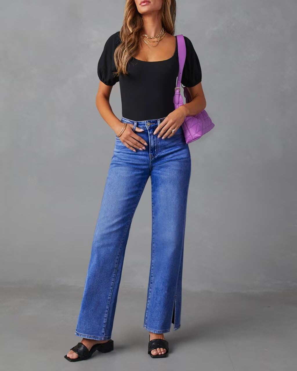 KDF Straight Leg Jeans for Women High Waisted Jeans Frayed Baggy Pants Raw Hem Loose Stretchy Cropped Wide Leg Jeans