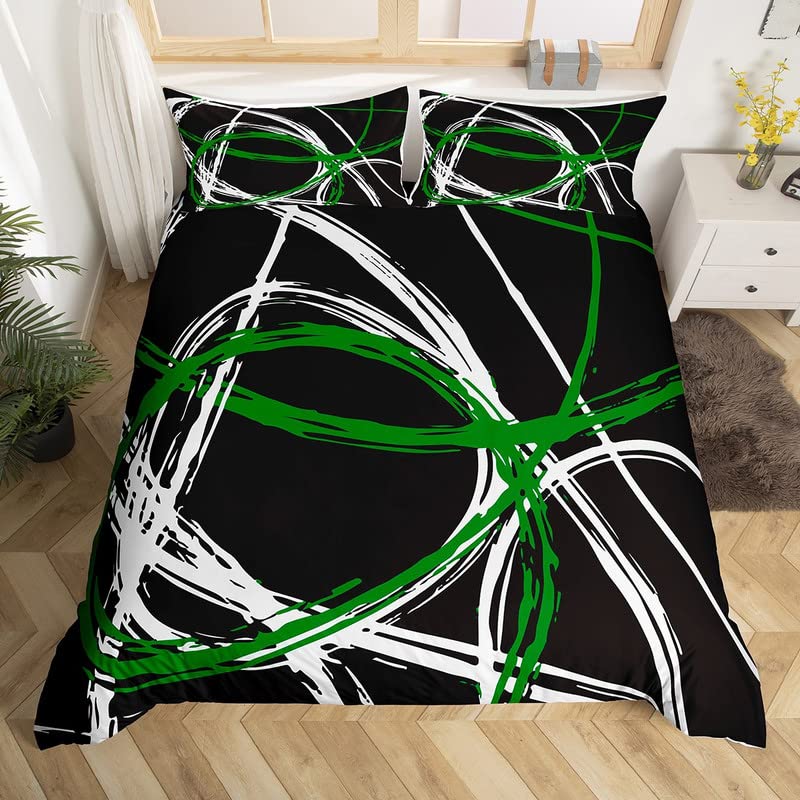 Retro Circle Bedding Duvet Cover Set Single Green Black White Stripes Bedding Set for Kids Boys Girls Abstract Art Decor Comforter Cover Set Microfiber Bedspread Cover Bedroom Bedclothes