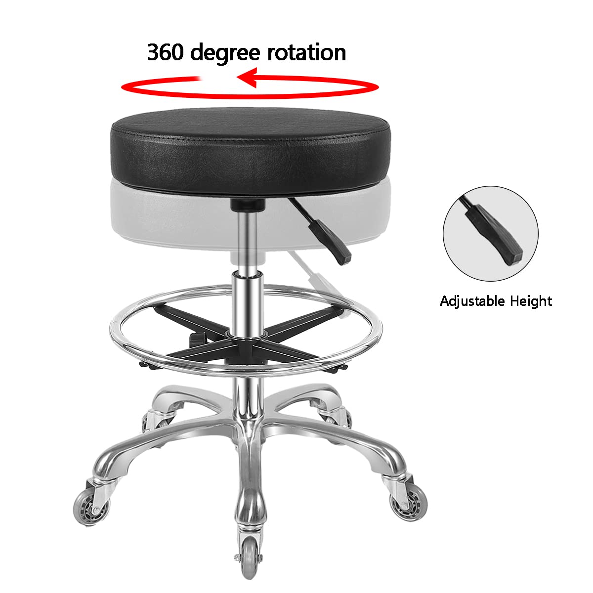 Taburete con ruedas hidráulico resistente para tienda, cocina, trabajo, pestañas, tatuaje, laboratorio, guitarra médica, silla giratoria ajustable (negro, con reposapiés)