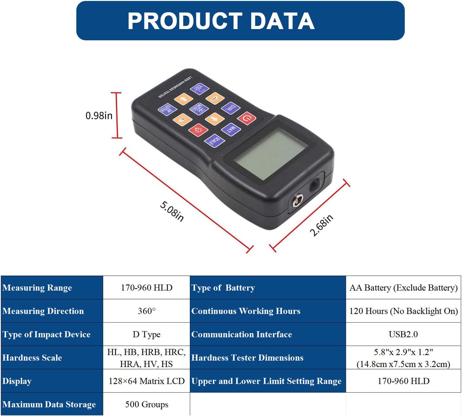 Hardness Tester Meter with Sensor, 170-960 HLD for Metals, Measures HL, HB, HRB, HRC, HRA, HV, HS - Includes Standard Impact Device Block