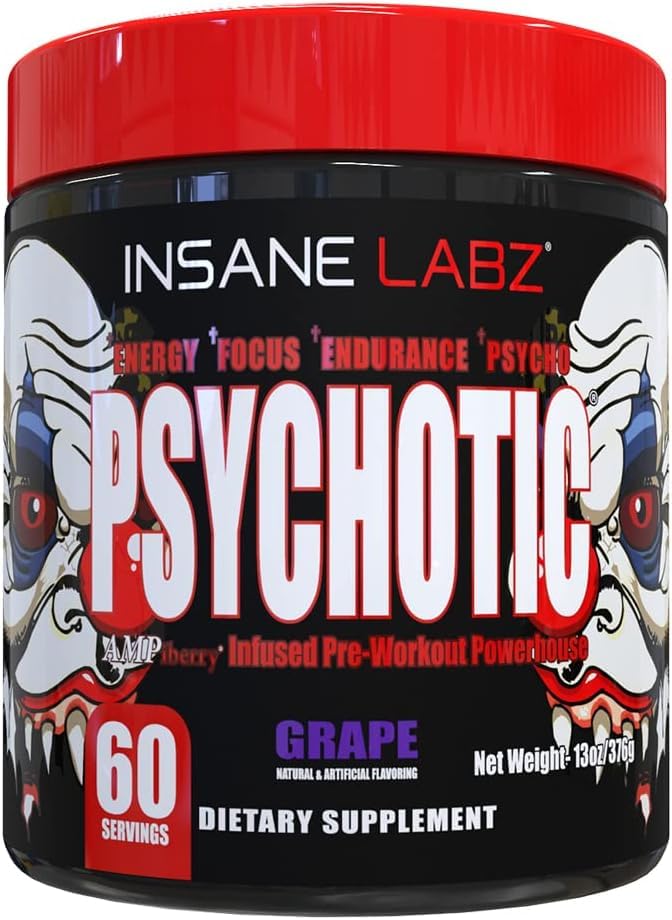 Image of Insane Labz Psychotic, High Stimulant Pre Workout Powder, Extreme Lasting Energy, Focus and Endurance with Beta Alanine, Creatine Monohydrate, DMAE, 60 Srvgs, Grape
